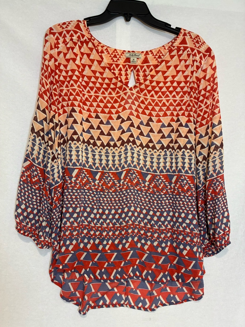 Lucky Brand 3/4 Sleeve Geometric Boho Blouse Silky Lightweight Women’s Large
